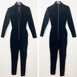 The K Label Black Velour Exposed Zipper Jumpsuit Size S Long Sleeve